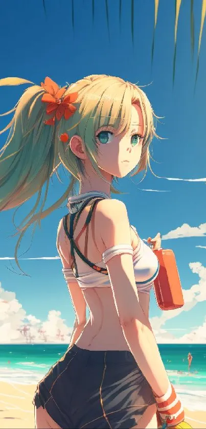 Anime girl on a sunny tropical beach with vibrant colors.