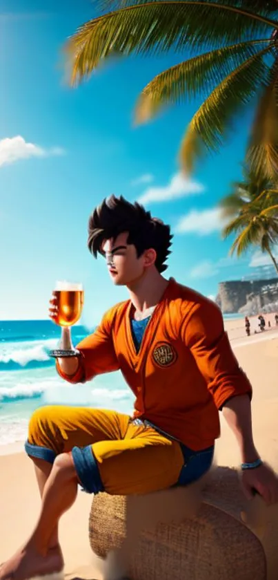 Anime character at beach, enjoying a tropical drink under palm trees.