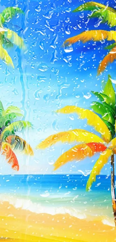 Vibrant tropical wallpaper with palm trees and ocean.