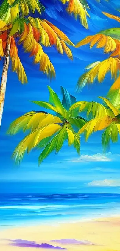 Colorful tropical beach wallpaper with palm trees and blue sea.