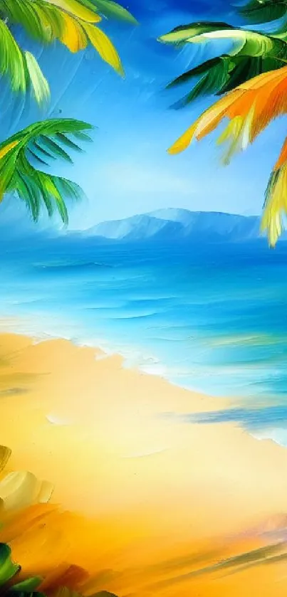 Vibrant tropical beach painting with palm trees and ocean.