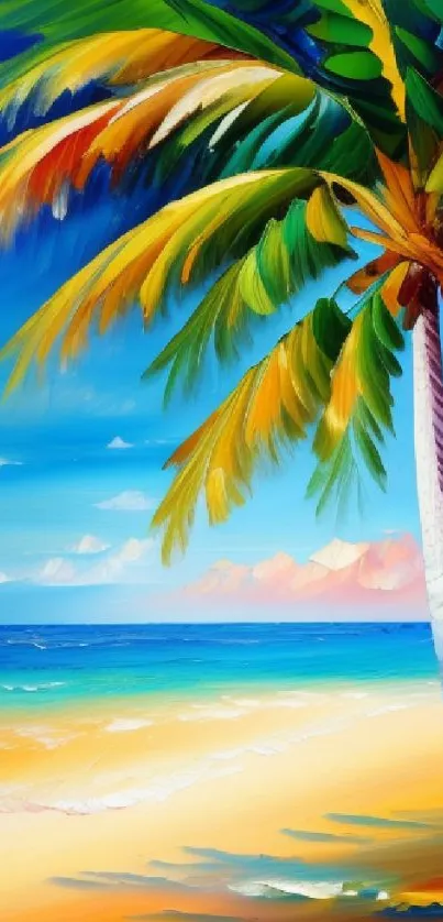 Vibrant tropical wallpaper with palm tree and beach.