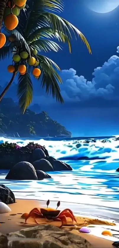 Tropical beach at night with moonlit ocean waves and palm trees.