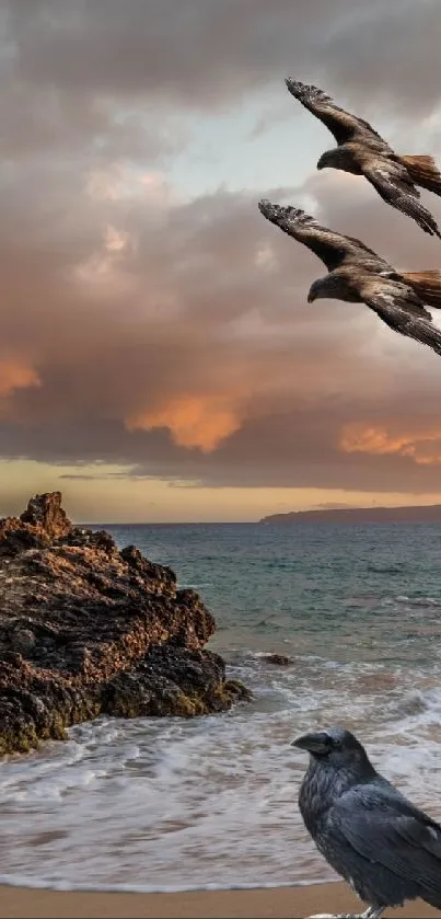 Tropical beach with palm trees and sunset sky, birds flying over ocean waves.