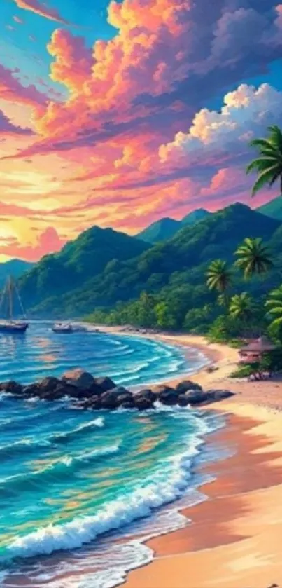 Tropical beach with sunset colors and ocean waves creating a serene scene.