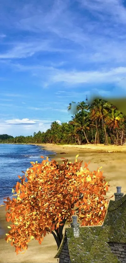 Tropical beach with autumn leaves and blue sky.