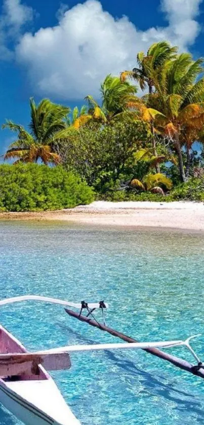 Tropical beach with boat and palm trees under blue sky.