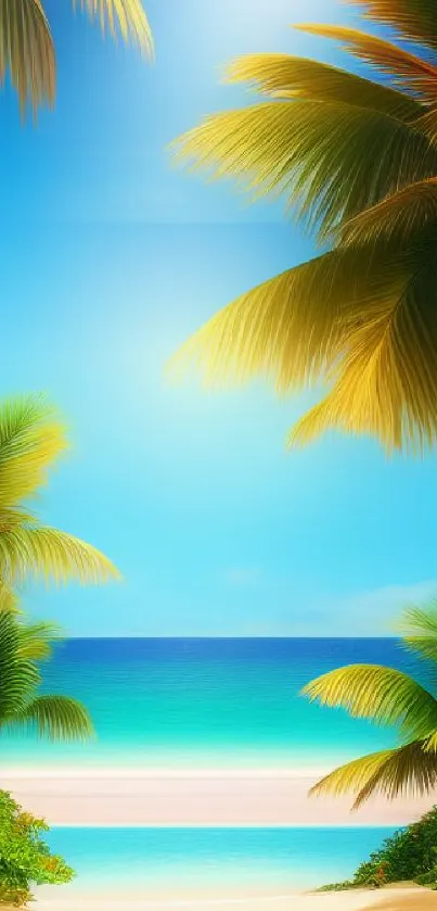 Tropical beach scene with palm trees and azure ocean, perfect for mobile wallpaper.