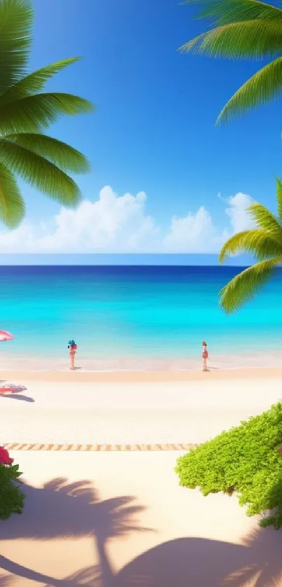 Tropical beach with palm trees and ocean waves under a clear blue sky.