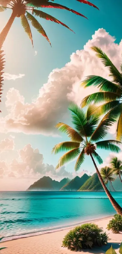 Tropical beach wallpaper with palm trees and a serene ocean view.