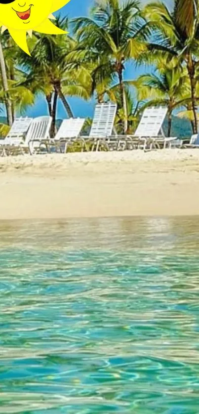 Vibrant tropical beach with turquoise waters and palm trees under sunny skies.