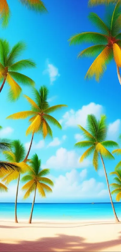 Vibrant tropical beach scene with palm trees and blue sky.