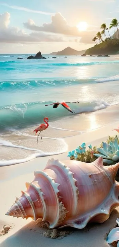 Tropical beach with seashell and ocean waves at sunset.