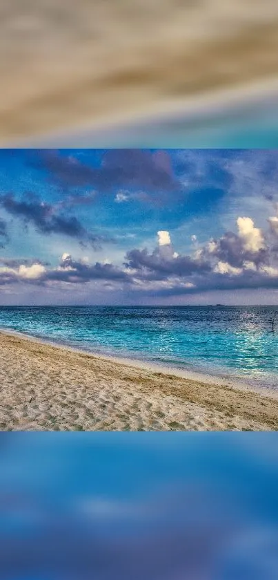 Serene tropical beach with azure ocean and fluffy clouds under a clear sky.