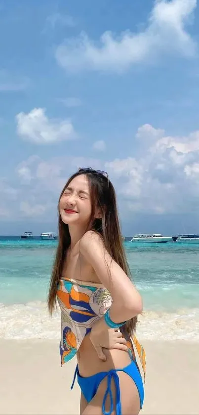 Woman enjoying tropical beach with clear skies.