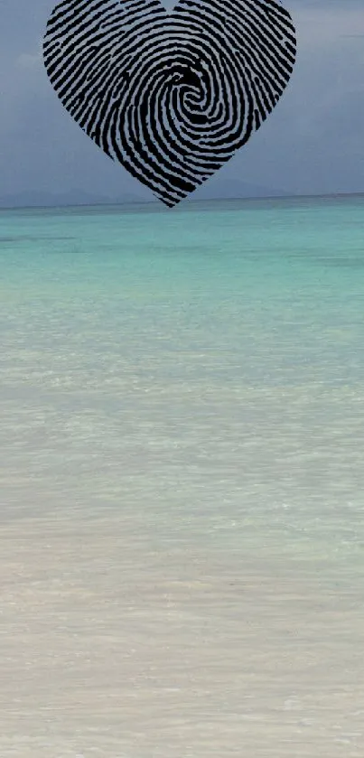 Woman jumping on tropical beach with turquoise water and fingerprint heart.