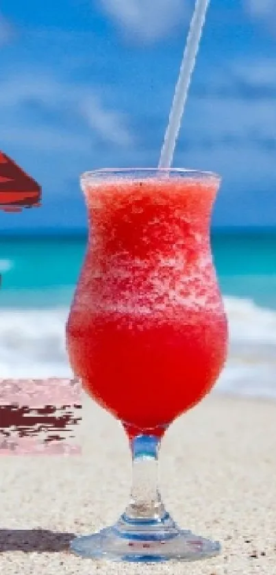 Beach scene with a cocktail and vibrant ocean view.