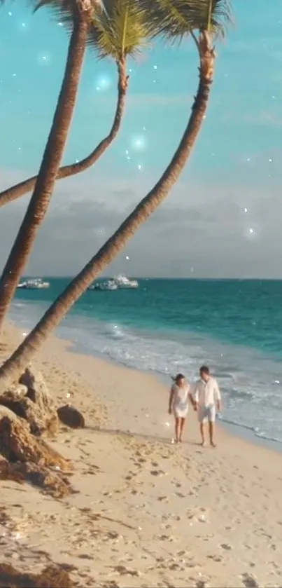 Couple walking on a tropical beach with palm trees and blue skies.