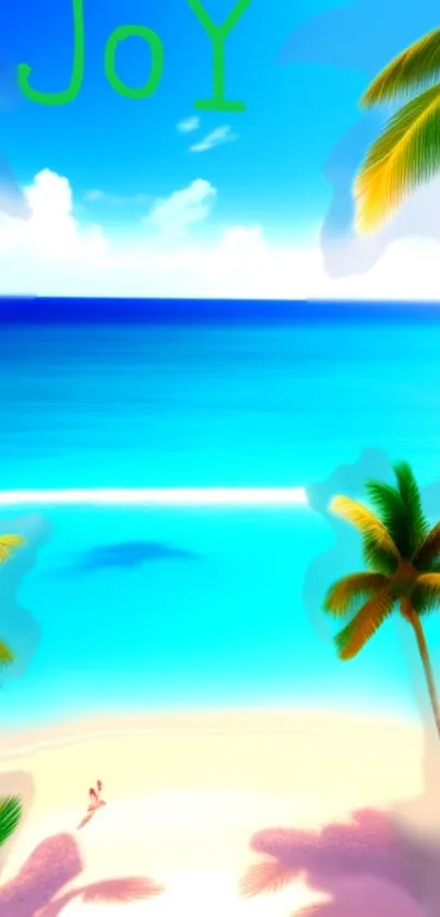 Tropical beach wallpaper with blue ocean and palm trees.