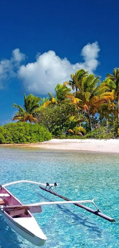 Tropical beach with palm trees and a small boat under a bright blue sky.