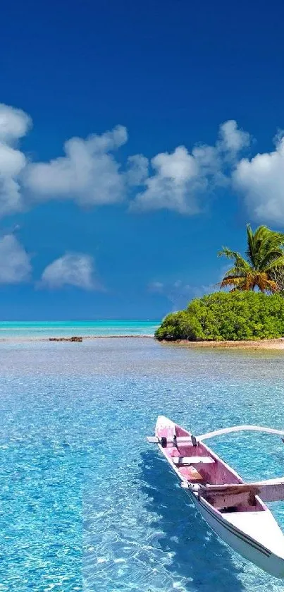 Beautiful tropical beach scene with a boat and blue sky.