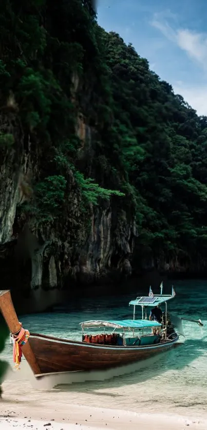 Traditional boat on tropical beach with lush green hills.