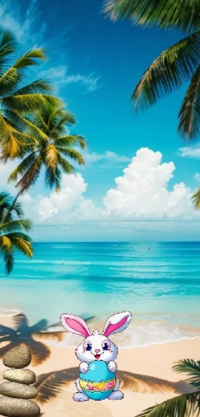 Tropical beach with palm trees and a cute bunny in vibrant colors.