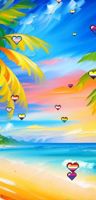 Vibrant tropical beach artwork with palms and waves.