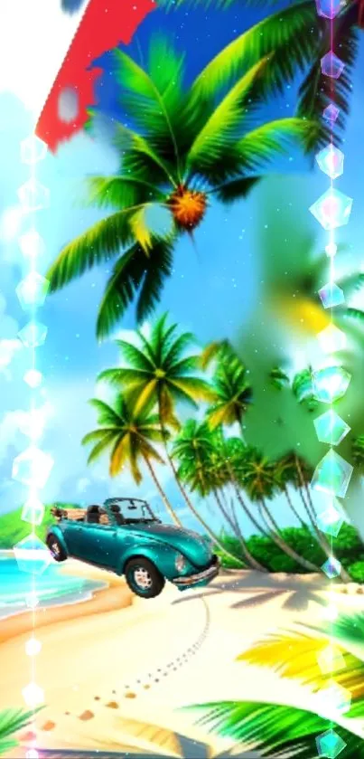 Tropical beach scene with car and palm trees, vibrant and colorful.