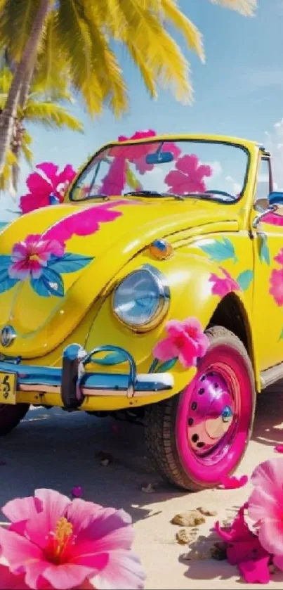 Colorful vintage car with floral design on a tropical beach.