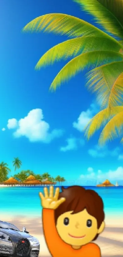 Tropical beach with a luxury car and emoji waving under a blue sky.