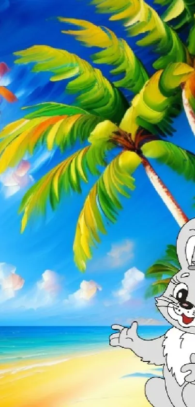 Cartoon rabbit with palm trees on a tropical beach.