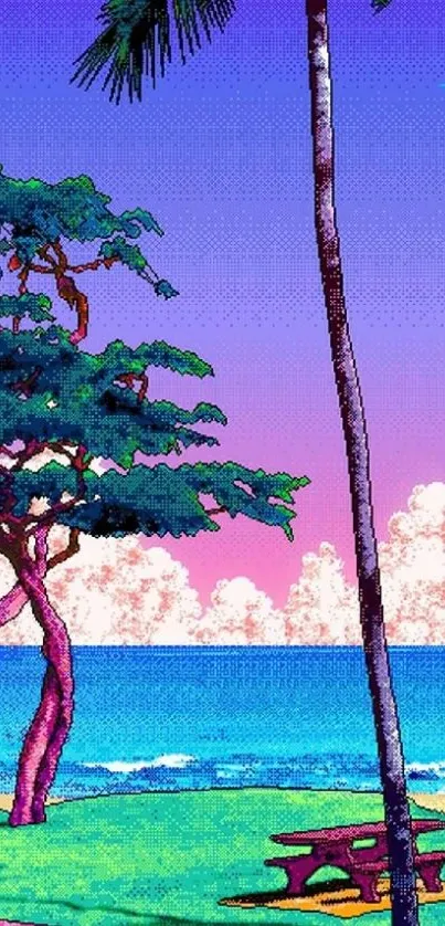 Tropical beach scene with cartoon art style, palm trees, and colorful sky.