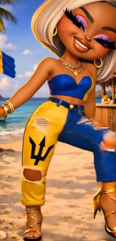 Stylish cartoon character at the tropical beach with vibrant colors.