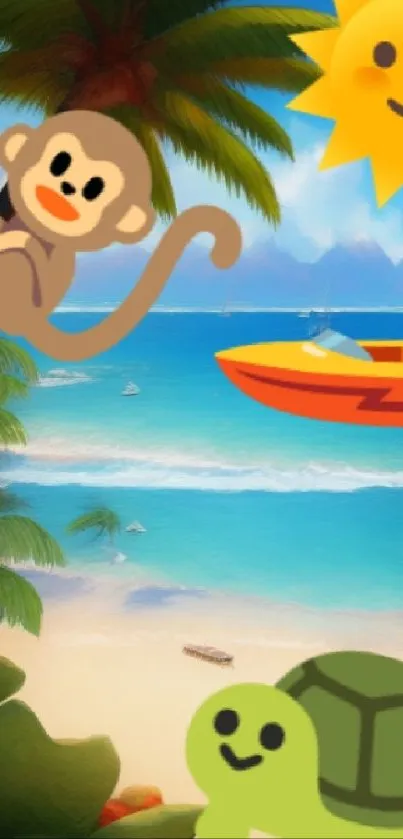 Tropical beach cartoon with monkey and turtle