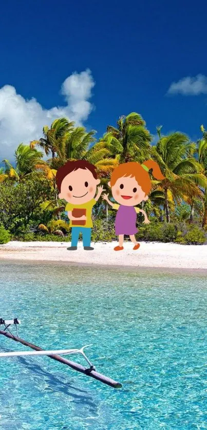 Tropical beach scene with cartoon kids, blue ocean, and palm trees.