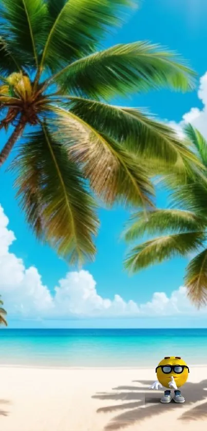 Tropical beach wallpaper with palm trees and cartoon character.