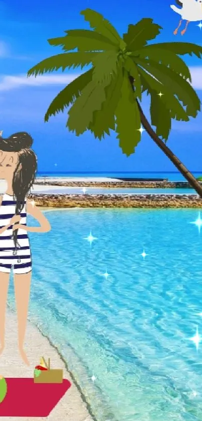 Cartoon character on tropical beach with palm tree and turquoise waters.