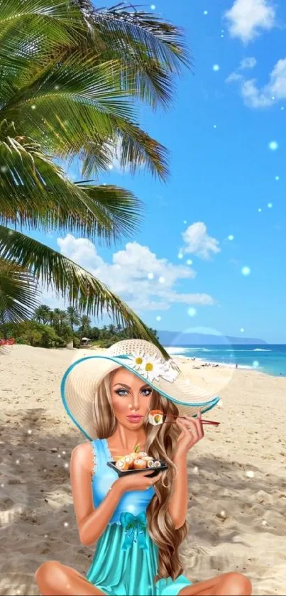 Cartoon character on a tropical beach with blue sky and palm trees.