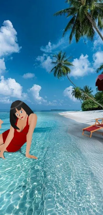 Tropical beach with cartoon character by ocean.