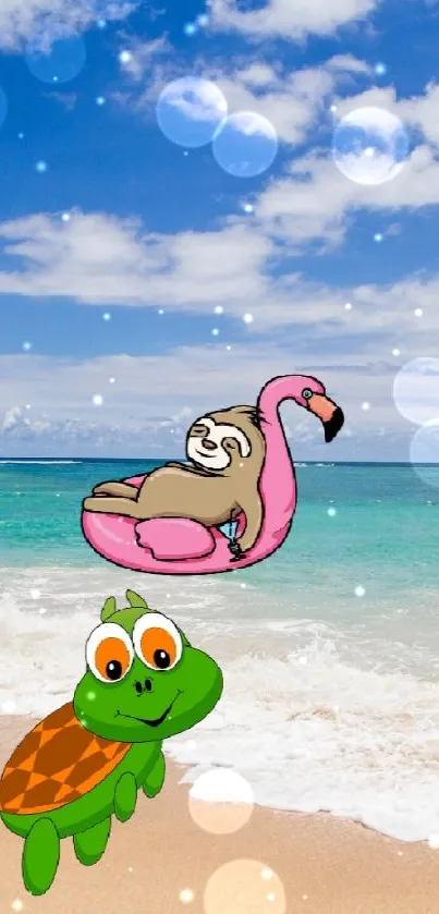 Cartoon animals on tropical beach with ocean waves.