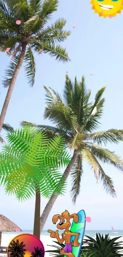 Cartoon palm trees and beach scene with surfer dog under sunny sky.