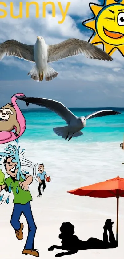 Cartoon beach scene with seagulls, sun, and ocean waves in a vibrant setting.