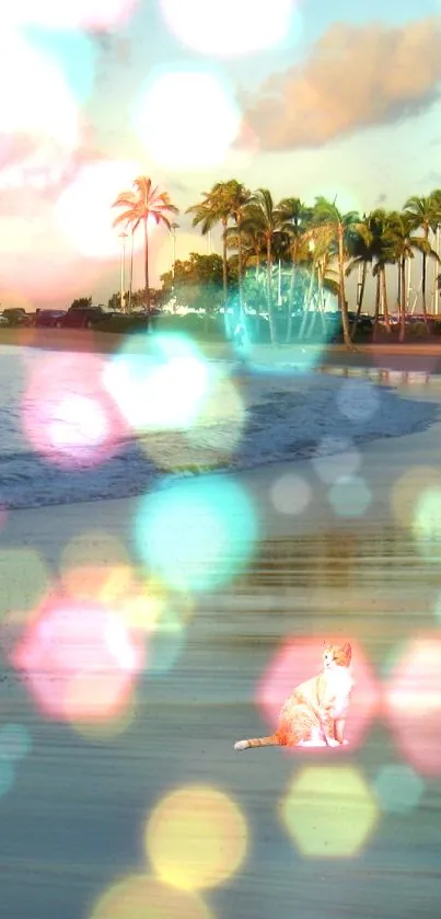 Cat on tropical beach with colorful bokeh lights.