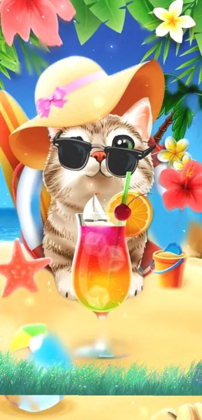 Tropical cat with sunglasses on beach.