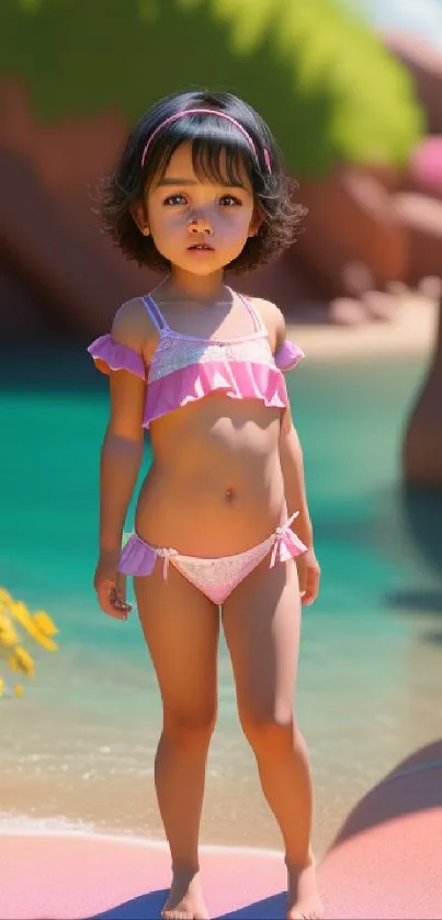 Child stands on a sunny beach with vibrant flowers and clear blue water.