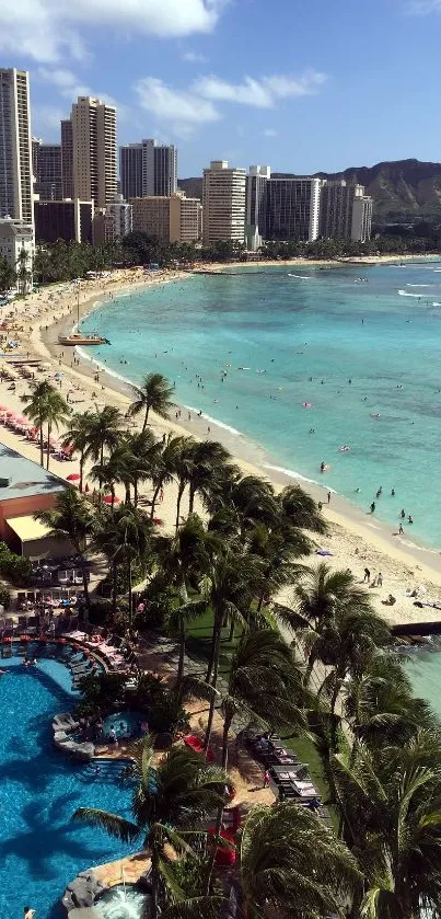 Tropical beach cityscape with vibrant ocean and skyline.