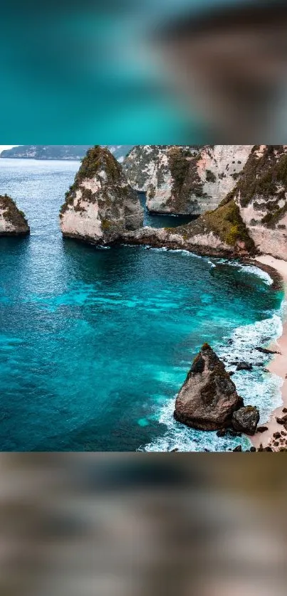 A serene tropical beach cliff with turquoise waters and lush greenery.