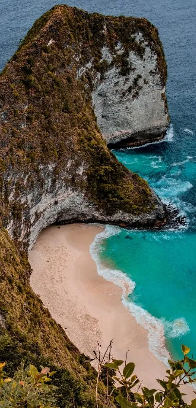 Tropical beach with dramatic cliffs and turquoise waters.