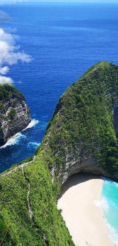 A lush green cliff by a vibrant blue ocean beach.